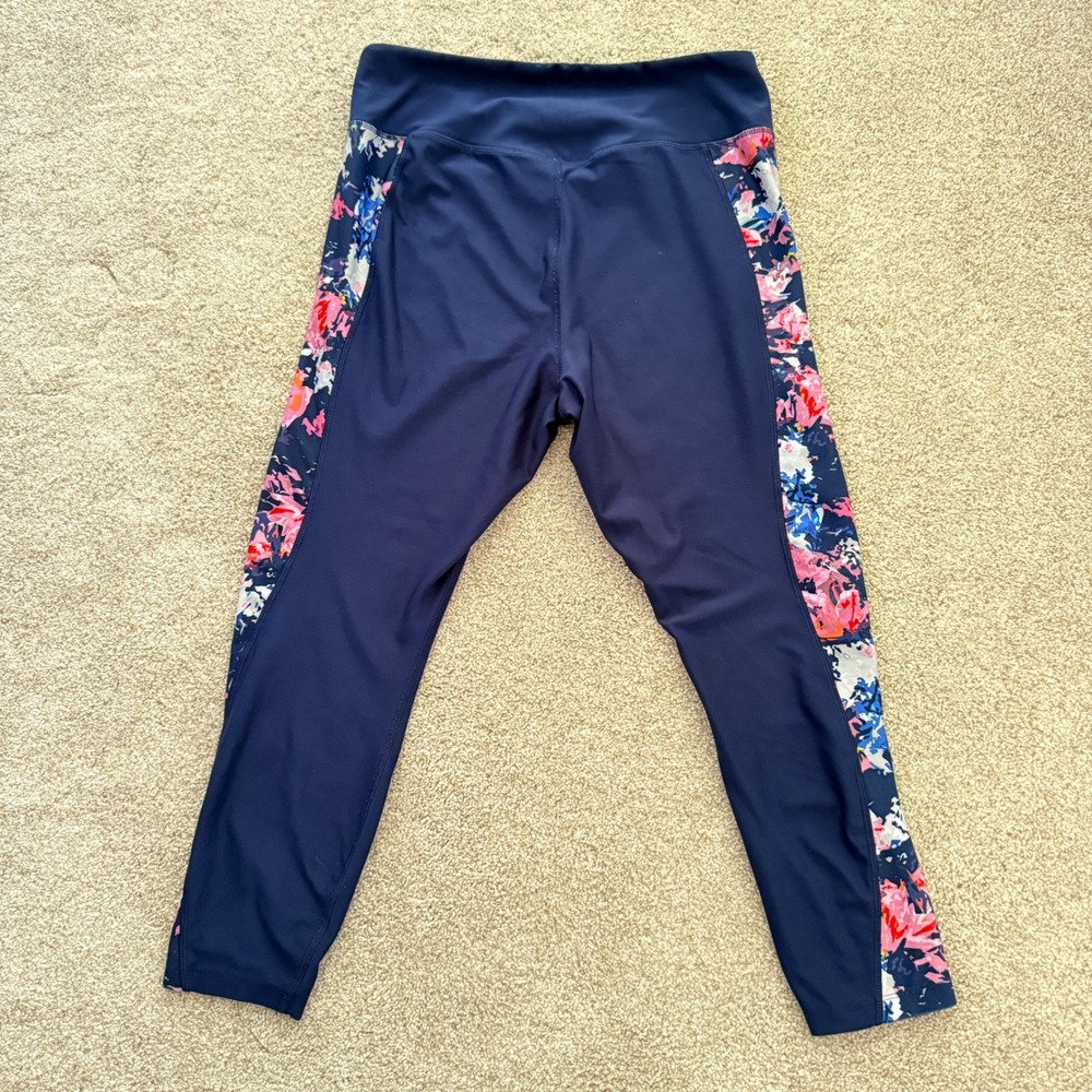 PBX Pro Leggings Womens Large Navy Blue Floral Side Panel Activewear Cropped